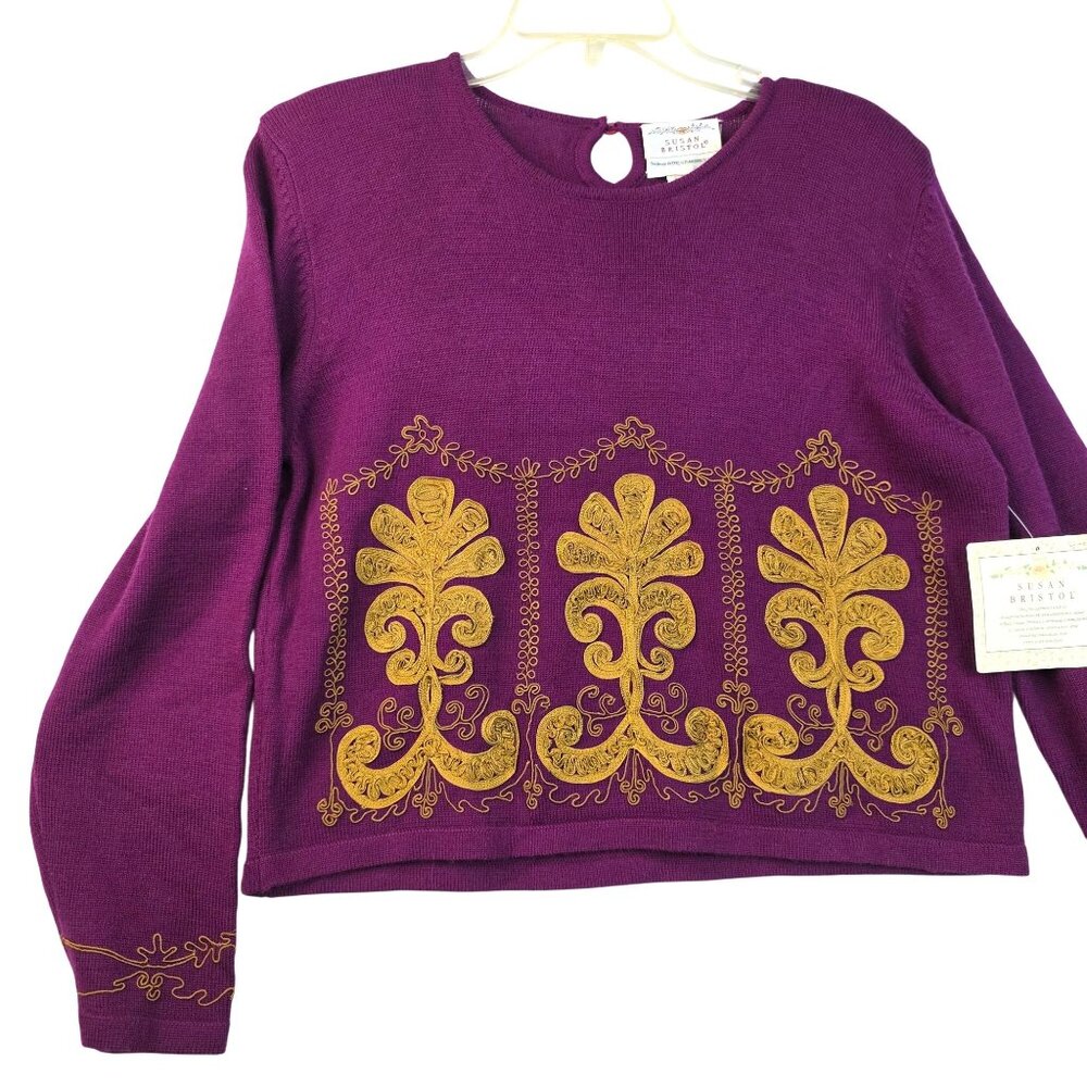Vintage 90s Susan Bristol Wool Embroidered Sweater 40 Purple Cottagecore Vibrant